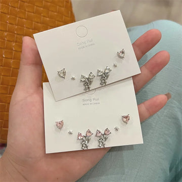 DAIIIBABYYY  -  Charm Y2K Bow-knot Heart Pink Silver Color Rhinestone Stud Earrings Set Women Korean Fashion Girls Sweet Earring Jewelry